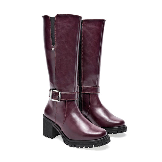 Bota Larga  Etnia Para Mujer 3805 Color Vino Tacon 7cm  Tubo 35cm