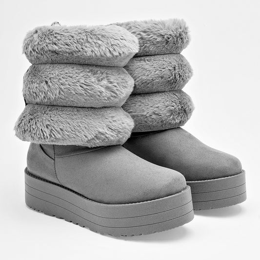 Bota Casual Rojo Cereza Mujer 8040 Gris Plataforma 4cm Tubo 20cm