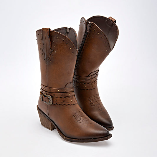 Bota Vaquera Moramora 1108019 Color Cafe Tacon 6cm Tubo 24cm