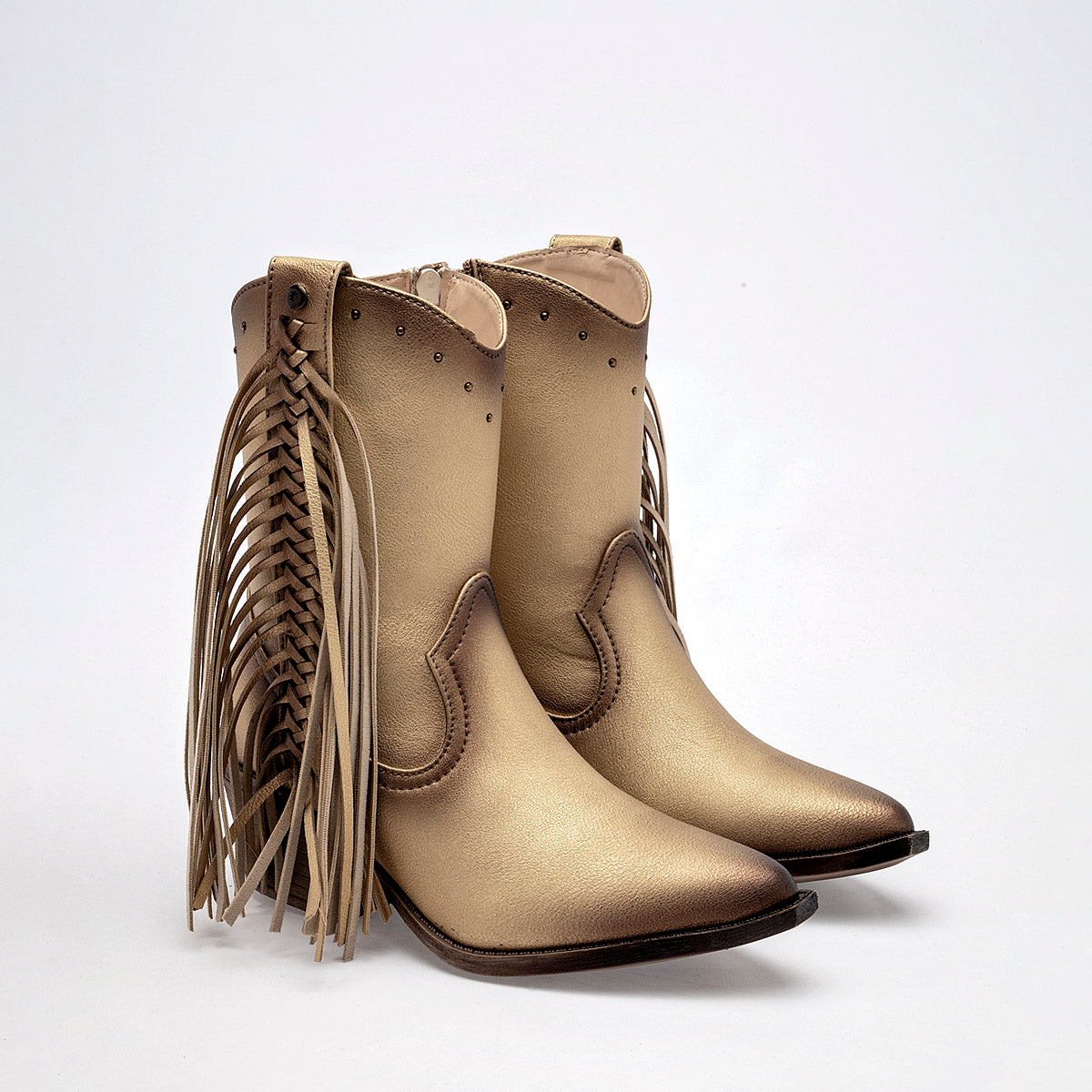 Bota Vaquera Moramora Mujer Mina Oro tacon 6 cm Tubo 19 Cm