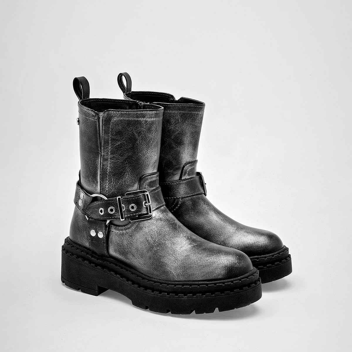 Bota Casual Moramora Mujer Kara Negro Plata Tacon 5 Cm