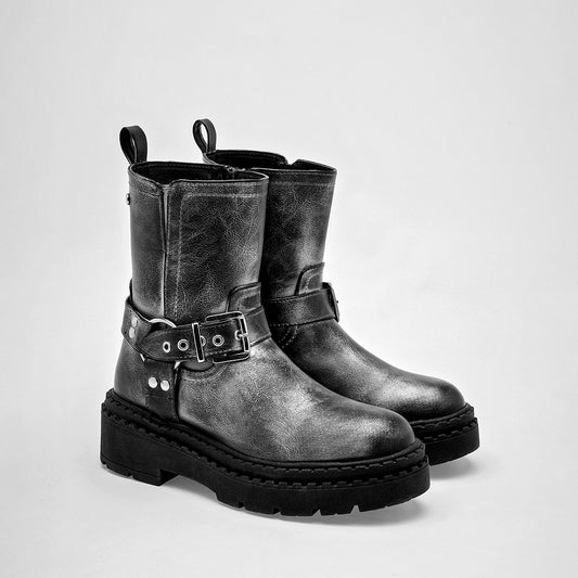 Bota Casual Moramora Mujer Kara Negro Plata Tacon 5 Cm