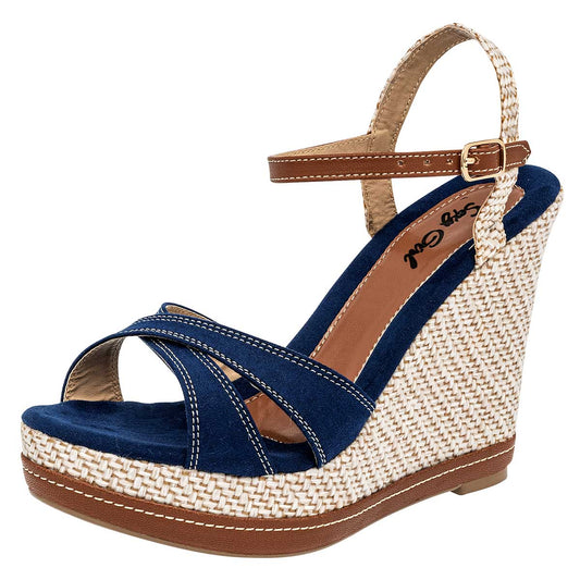 Sexy Girl Mujer Sandalia Cuña 1564 Marino Beige 10 Cm