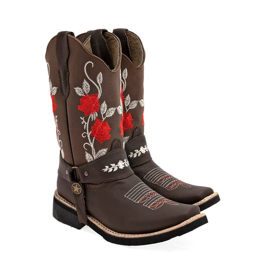 Bota Vaquera Con Bordado en  Piel Risel 405 Para Mujer Color Café