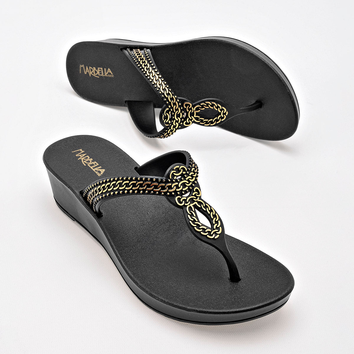 SANDALIA MUJER MARBELLA LAZO NEGRO ORO