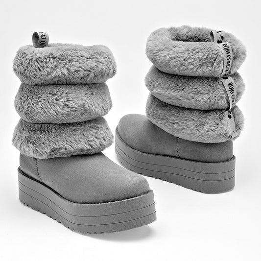      Bota Casual Rojo Cereza Mujer 8040 Gris Plataforma 4cm Tubo 20cm