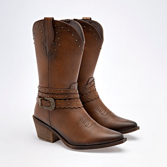 Bota Vaquera Moramora 1108019 Color Cafe Tacon 6cm Tubo 24cm