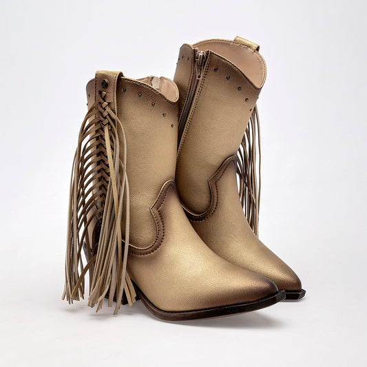      Bota Vaquera Moramora Mujer Mina Oro tacon 6 cm Tubo 19 Cm