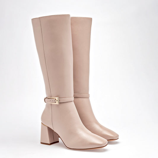 Bota Larga Para Mujer 39702 Color Beige Tacon 7cm Tubo35 Cm