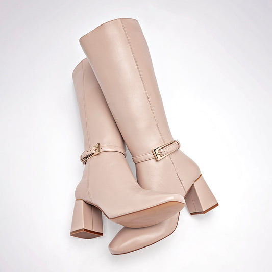      Bota Larga Para Mujer 39702 Color Beige Tacon 7cm Tubo35 Cm