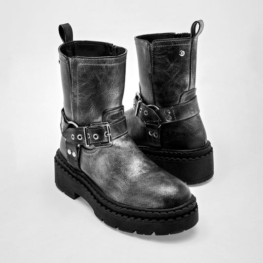      Bota Casual Moramora Mujer Kara Negro Plata Tacon 5 Cm