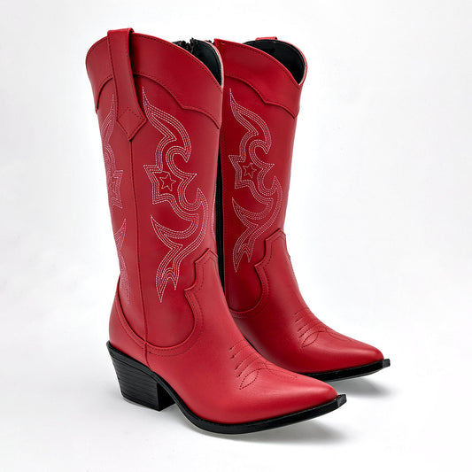 Bota Vaquera Moramora Para Mujer Shirly Color Rojo Tacon 6cm Tubo 30 Cm